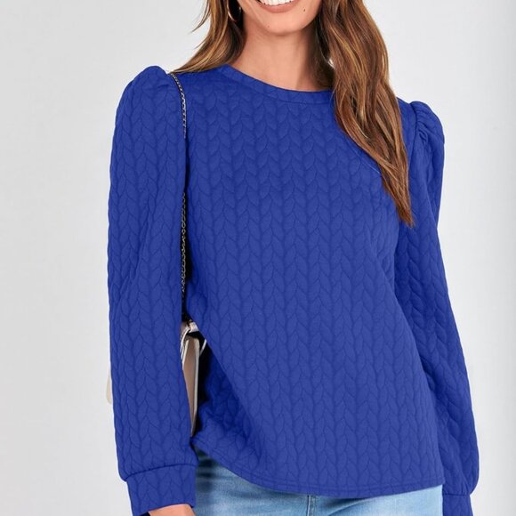 Women's Puff Sleeve Sweatshirts 2024 Fall Fashion Casual Crewneck Solid Twist Te - Picture 4 of 6